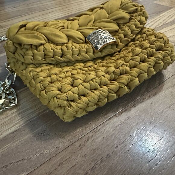 Handmade Mustard Yellow Crochet Fabric Bag with Gold Chain - Picture 2 of 12